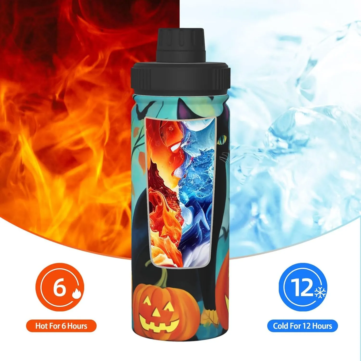 Black Cat Halloween 18 oz Stainless Steel Water Bottles Insulated Sports Water Bottle with Spout Lid, Pumpkin Leaves Double Wall Travel Water Flask for Men Women