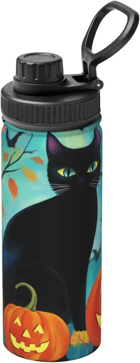 Black Cat Halloween 18 oz Stainless Steel Water Bottles Insulated Sports Water Bottle with Spout Lid, Pumpkin Leaves Double Wall Travel Water Flask for Men Women