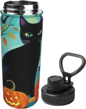 Black Cat Halloween 18 oz Stainless Steel Water Bottles Insulated Sports Water Bottle with Spout Lid, Pumpkin Leaves Double Wall Travel Water Flask for Men Women
