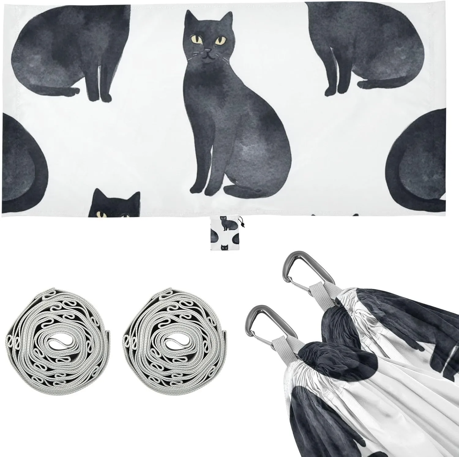 Black Cat White Outdoor Hammocks with Portabl Carry Bag Fabric Hammock for Indoor Outdoor Patio