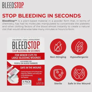 BleedStop First Aid Powder for Blood Clotting, Trauma Kit, Blood Thinner Patients, Camping Safety, and Survival Equipment for Moderate to Severe Bleeding Wounds or Nosebleeds 150 Gram