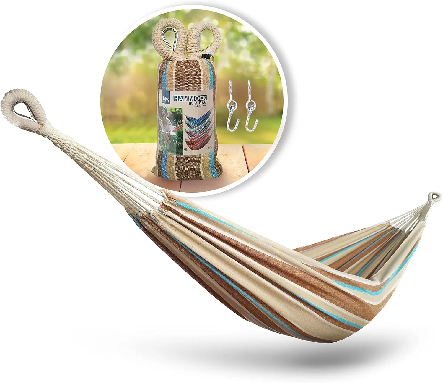 Bliss Hammocks BH-400-HA 40" Wide Hammock w/Hand-Woven Rope Loops & Hanging Hardware, Outdoor, Patio, Backyard Durable, Cotton and Polyester Blend, 250 Lbs Capacity, Hampton Stripe