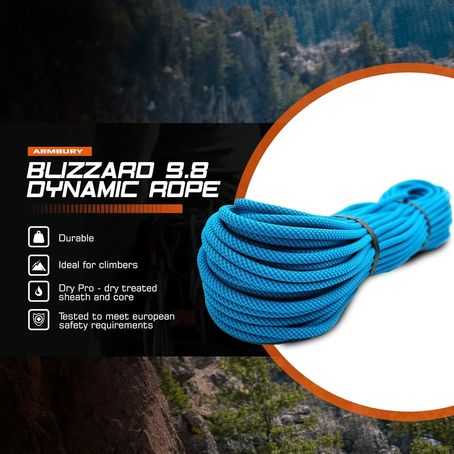 Blizzard - 9.8mm Dynamic Rock Climbing Rope (Dry Core and Sheath) UIAA Certified Heavy Duty Rope, Rope for Climbing, Sport Climbing Rope