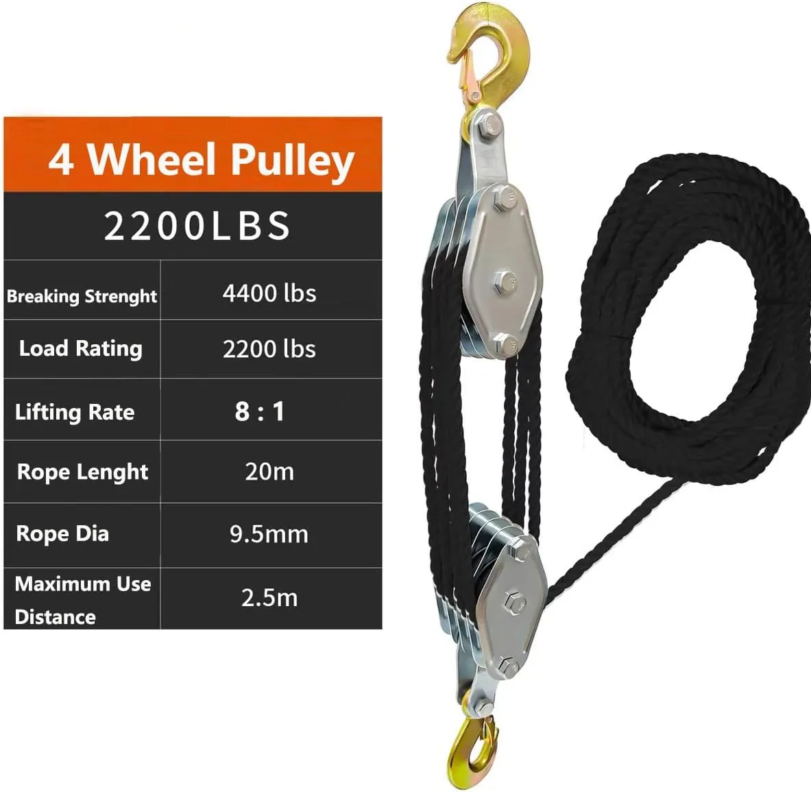Block and Tackle System 4000LB Breaking Strength 65 Feet 3/8" Rope Hoist Pulley 8:1 Ratio Lifting Power for Lifting Heavy Objects (4 Pulley-Black)