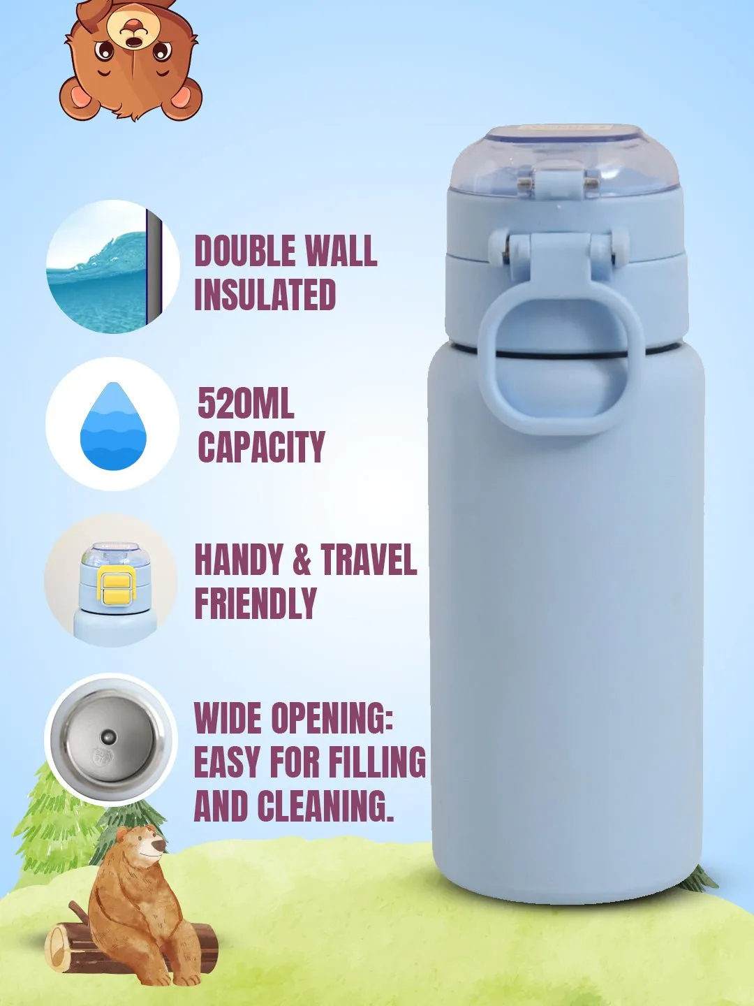 Blue Bear-Themed Insulated Hot & Cold Stainless Steel Sipper Bottle - 520 ML