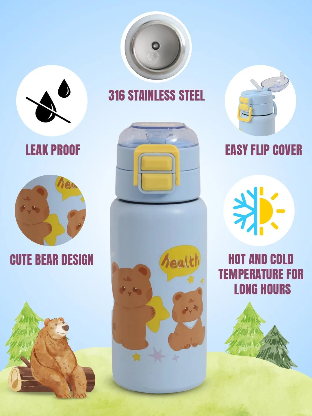 Blue Bear-Themed Insulated Hot & Cold Stainless Steel Sipper Bottle - 520 ML