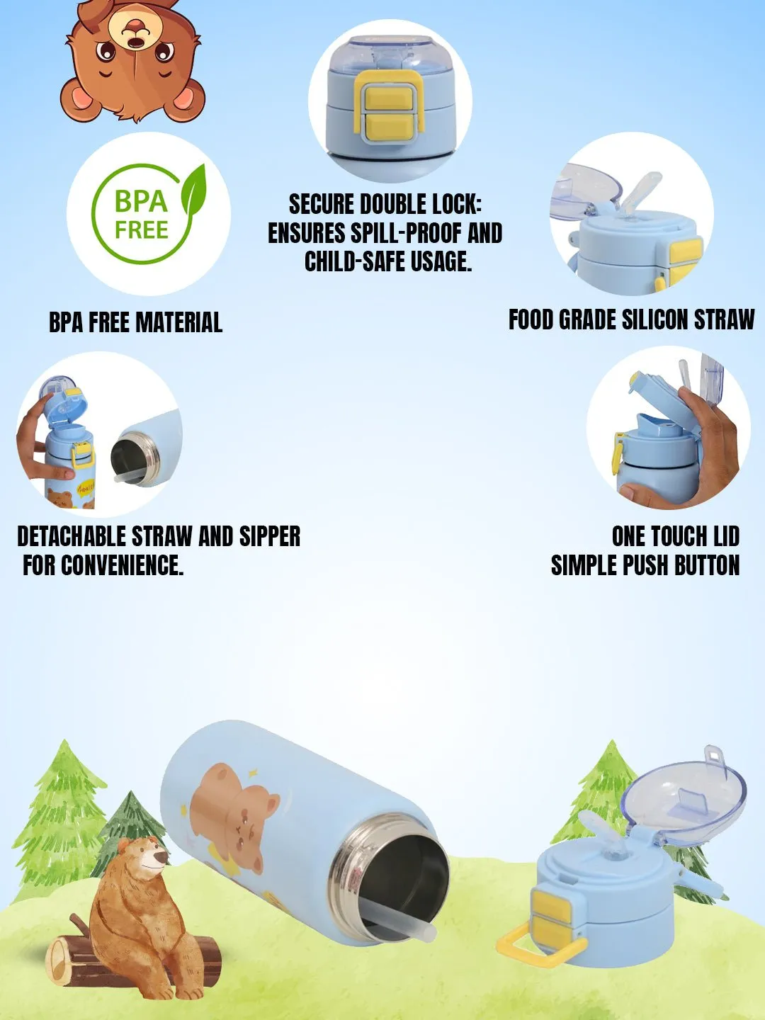 Blue Bear-Themed Insulated Hot & Cold Stainless Steel Sipper Bottle - 520 ML