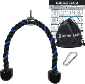 Blue Tricep Rope Pull Down & Poster Set | 27 or 36 Inch Heavy Duty Nylon Rope, Chrome Cable Attachment | Professional or Home Gyms | Includes Workout Poster, Snap Hook, Bag