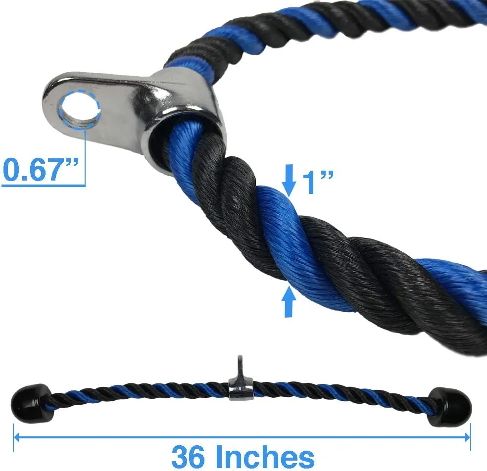 Blue Tricep Rope Pull Down & Poster Set | 27 or 36 Inch Heavy Duty Nylon Rope, Chrome Cable Attachment | Professional or Home Gyms | Includes Workout Poster, Snap Hook, Bag