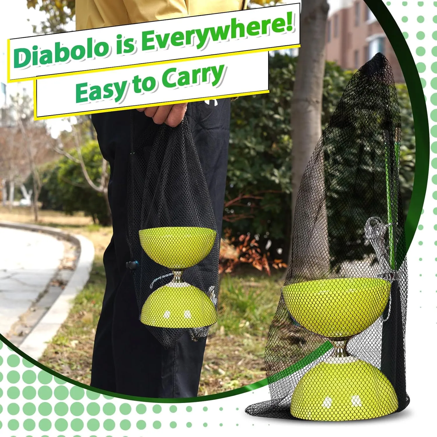 BODY RHYTHM Pro Triple Bearing Chinese Yoyo with 2 Pairs of Carbon Sticks, 4 Strings, 1 Drawstring Bag, 5” Chinese Yoyo Diabolo Toy for Adult & Kids, Best for Fitness and Tricks. (Green)
