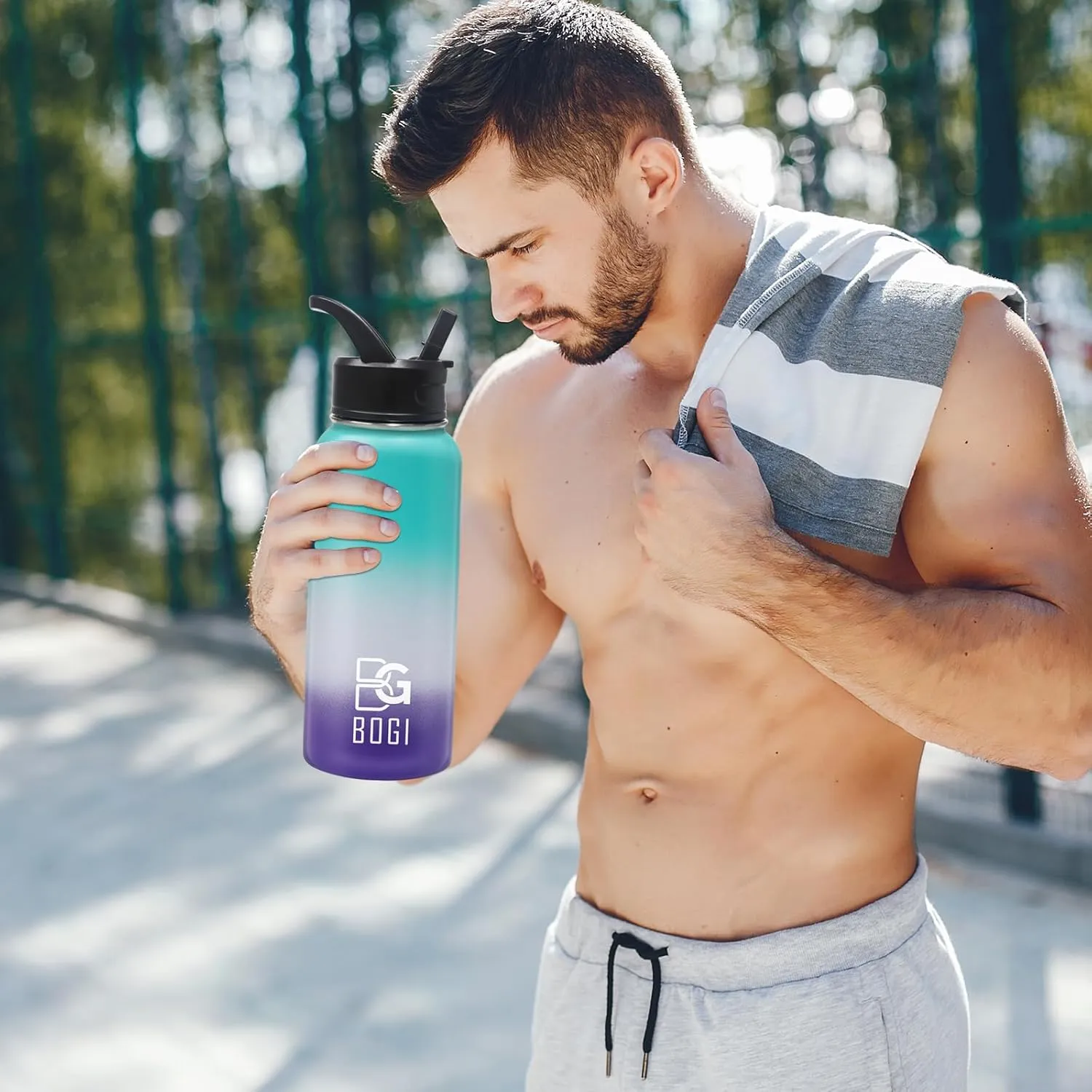 BOGI Insulated Water Bottle 32 oz, Double Wall Vacuum Stainless Steel Water Bottle with Straw and 3 Lids, Sweat-Proof Wide Mouth Steel Water Bottle Keeps Hot or Cold for Sports Gym Office (Color 1)