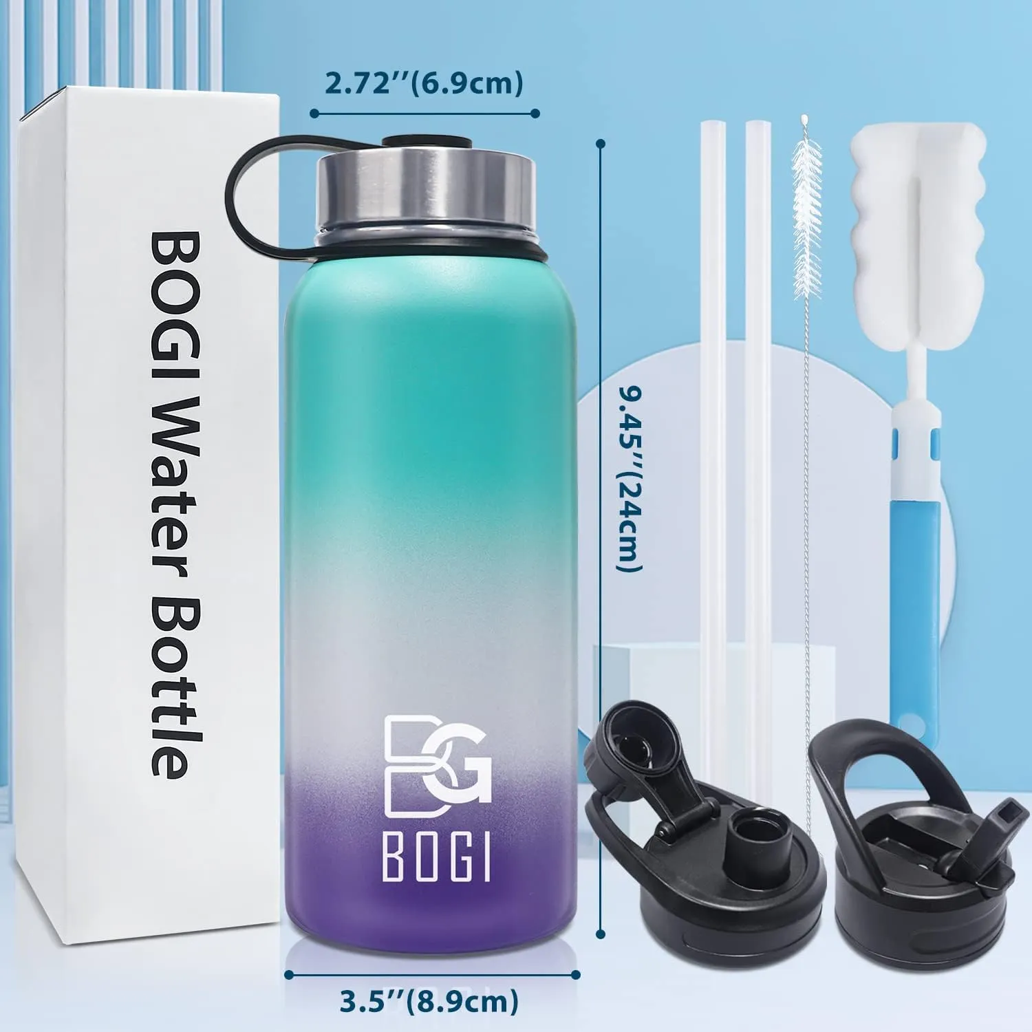 BOGI Insulated Water Bottle 32 oz, Double Wall Vacuum Stainless Steel Water Bottle with Straw and 3 Lids, Sweat-Proof Wide Mouth Steel Water Bottle Keeps Hot or Cold for Sports Gym Office (Color 1)