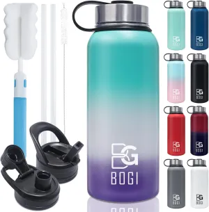 BOGI Insulated Water Bottle 32 oz, Double Wall Vacuum Stainless Steel Water Bottle with Straw and 3 Lids, Sweat-Proof Wide Mouth Steel Water Bottle Keeps Hot or Cold for Sports Gym Office (Color 1)