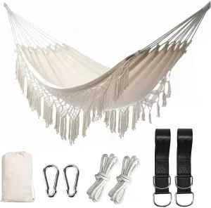 Boho Hammock Handmade Tassels and Fishtail Knitting Deluxe Hammock with Mounting Straps for Bedroom,Yard,Beach,Patio,Indoor,Outdoor and Wedding Party Decor (Beige)