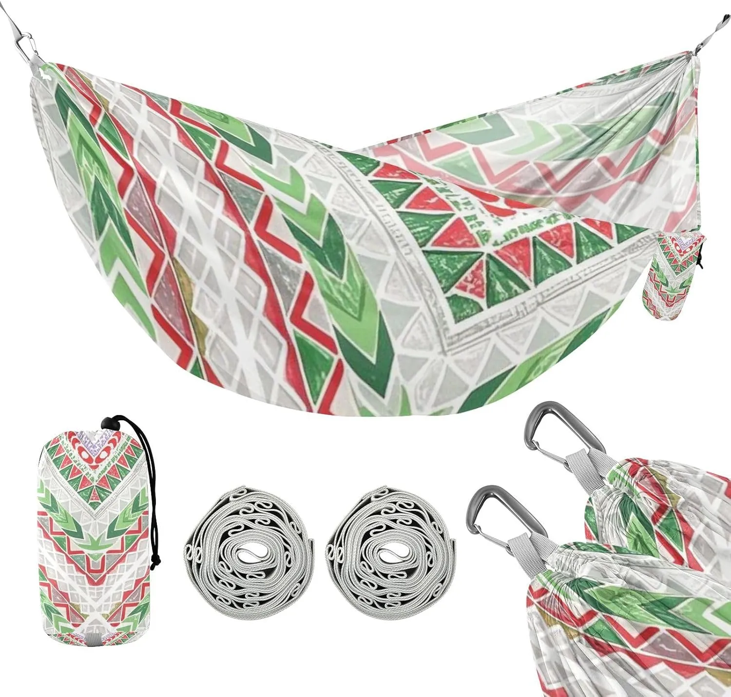 Boho Red and Green Irregular Texture 330lb Capacity Outdoor Hammocks with Portabl Carry Bag Indoor Hammock for Camping Travel Accessories hamaca con Base para adultos