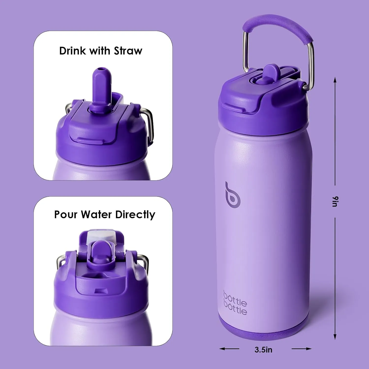 BOTTLE BOTTLE 16 oz sports water bottle stainless steel insulated kids water bottle with straw and pills holder for gifts and school (purple)