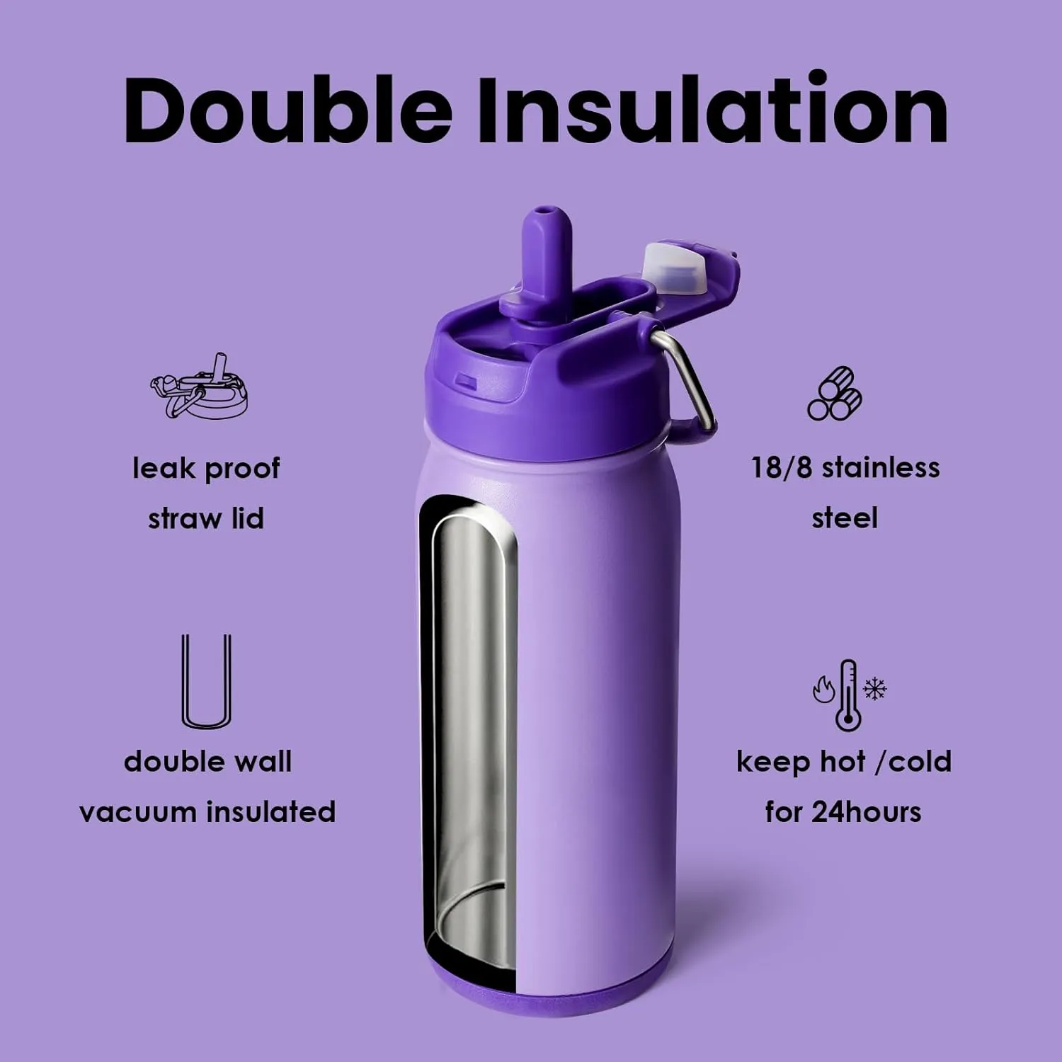 BOTTLE BOTTLE 16 oz sports water bottle stainless steel insulated kids water bottle with straw and pills holder for gifts and school (purple)