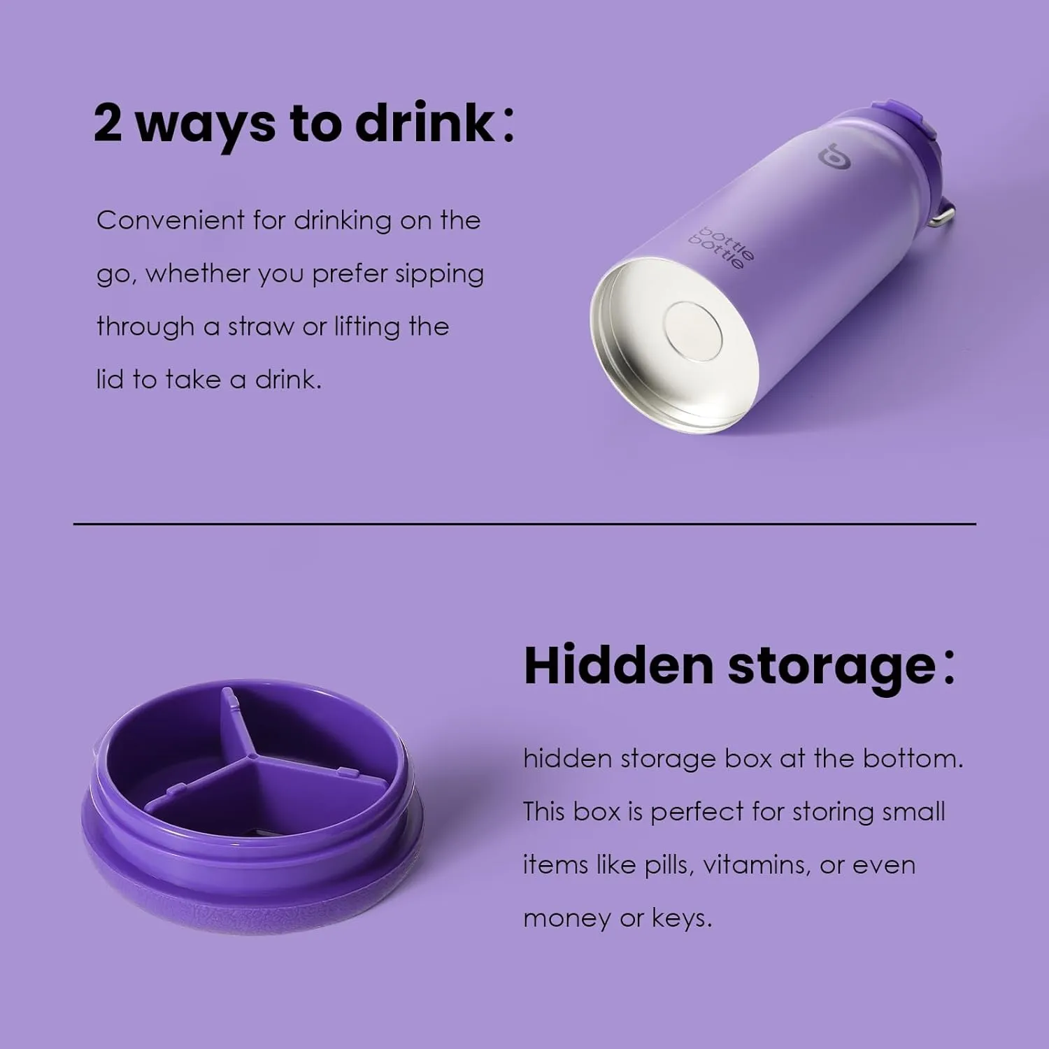 BOTTLE BOTTLE 16 oz sports water bottle stainless steel insulated kids water bottle with straw and pills holder for gifts and school (purple)