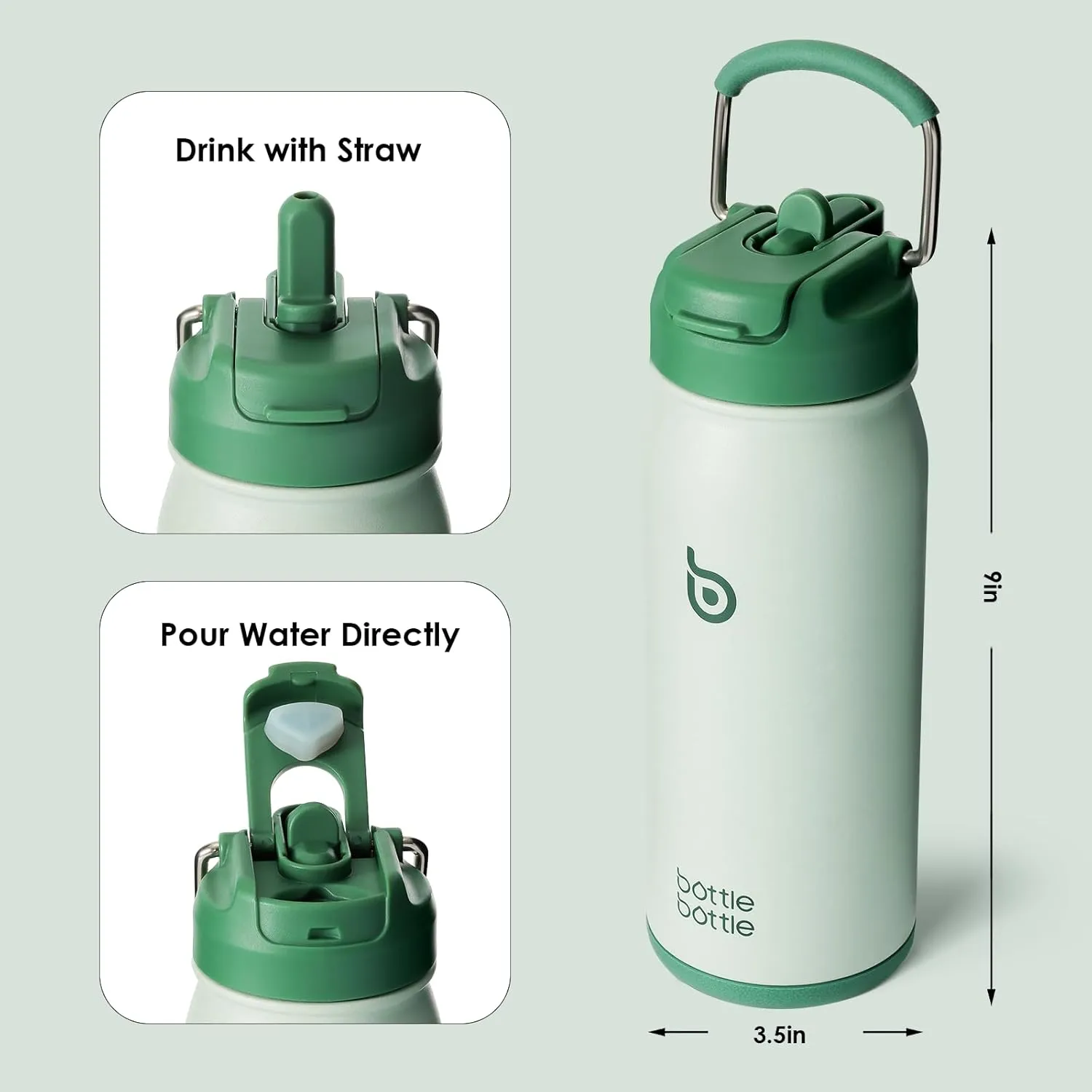 BOTTLE BOTTLE 16 oz sports water bottle stainless steel insulated kids water bottle with straw and pills holder for gifts and school（green）