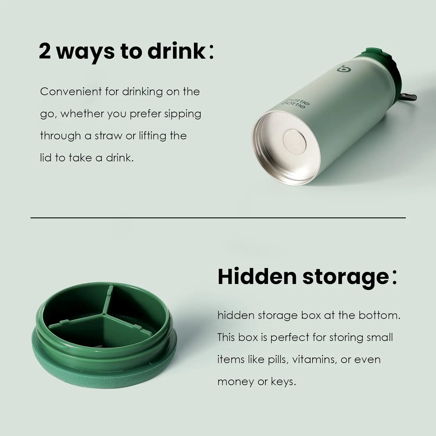 BOTTLE BOTTLE 16 oz sports water bottle stainless steel insulated kids water bottle with straw and pills holder for gifts and school（green）