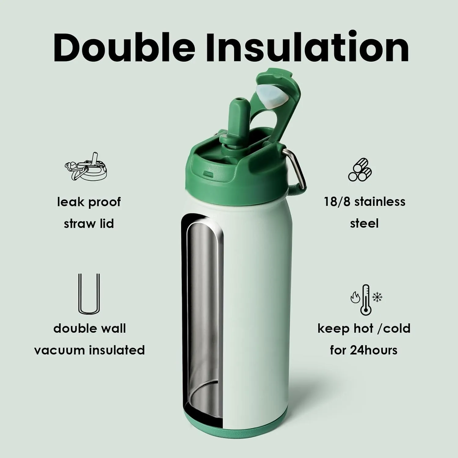 BOTTLE BOTTLE 16 oz sports water bottle stainless steel insulated kids water bottle with straw and pills holder for gifts and school（green）