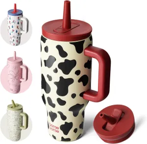 BOTTLE BOTTLE 30 oz Tumbler with Lid and Straw, Stainless Steel Travel Mug, Tumbler with handle, Water Bottle with straw for College Office, Gifts for Women Him Her (Cow)