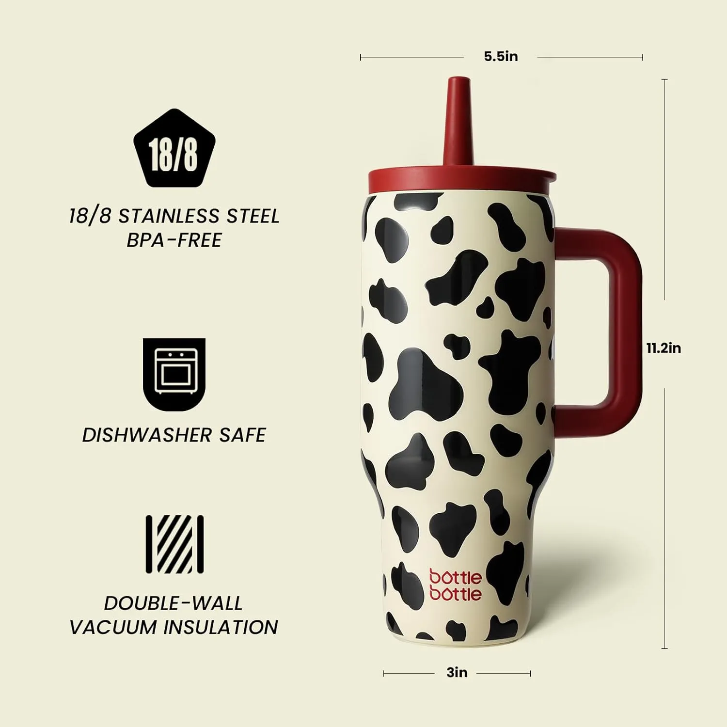 BOTTLE BOTTLE 30 oz Tumbler with Lid and Straw, Stainless Steel Travel Mug, Tumbler with handle, Water Bottle with straw for College Office, Gifts for Women Him Her (Cow)