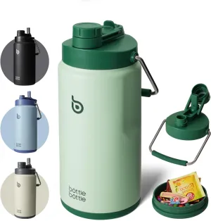 BOTTLE BOTTLE Insulated Water Bottle 64 oz with Straw and Dual-use Lid Half Gallon Water Jug Vacuum Stainless Steel for Workout Sports Insulated Beer Growler with Handle and Pills Holder Green