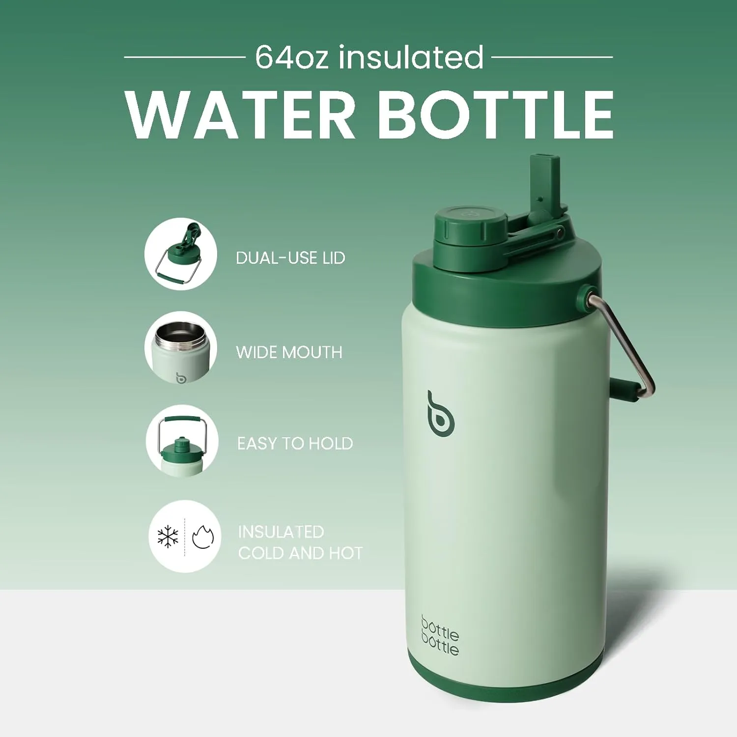 BOTTLE BOTTLE Insulated Water Bottle 64 oz with Straw and Dual-use Lid Half Gallon Water Jug Vacuum Stainless Steel for Workout Sports Insulated Beer Growler with Handle and Pills Holder Green