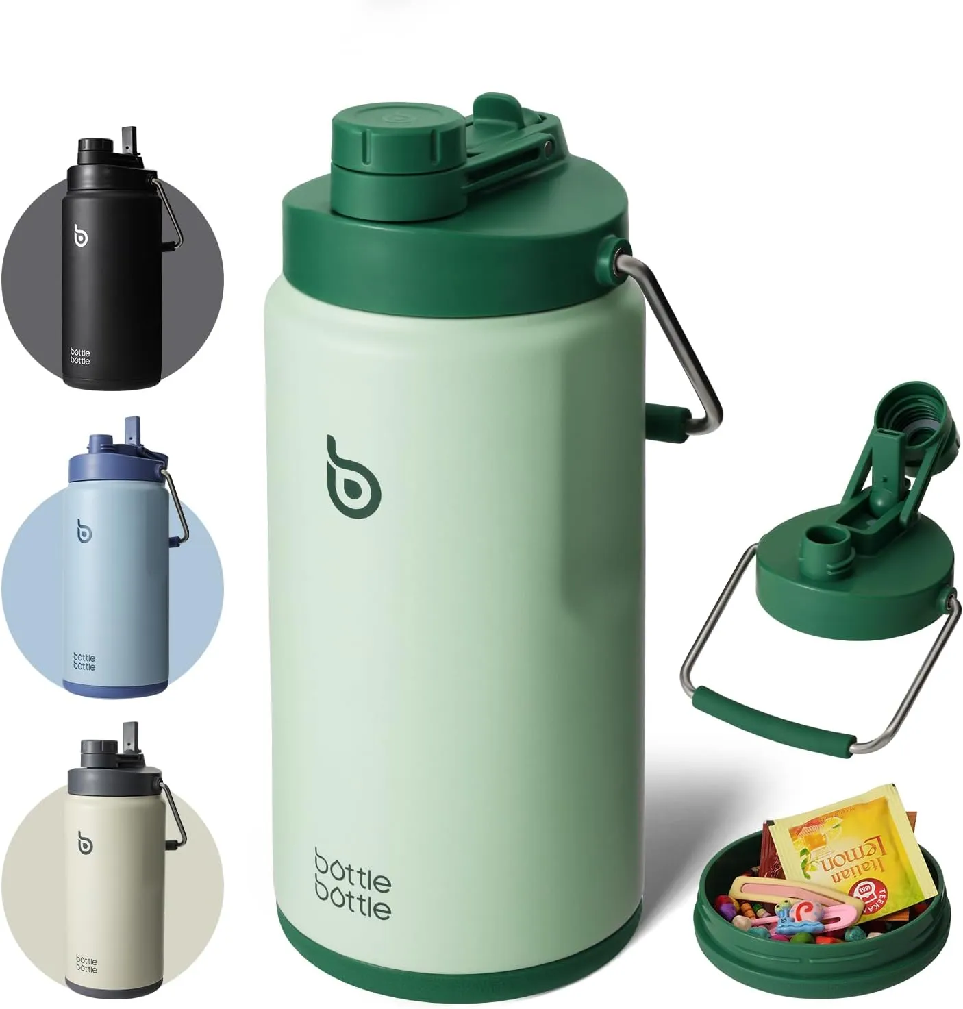 BOTTLE BOTTLE Insulated Water Bottle 64 oz with Straw and Dual-use Lid Half Gallon Water Jug Vacuum Stainless Steel for Workout Sports Insulated Beer Growler with Handle and Pills Holder Green
