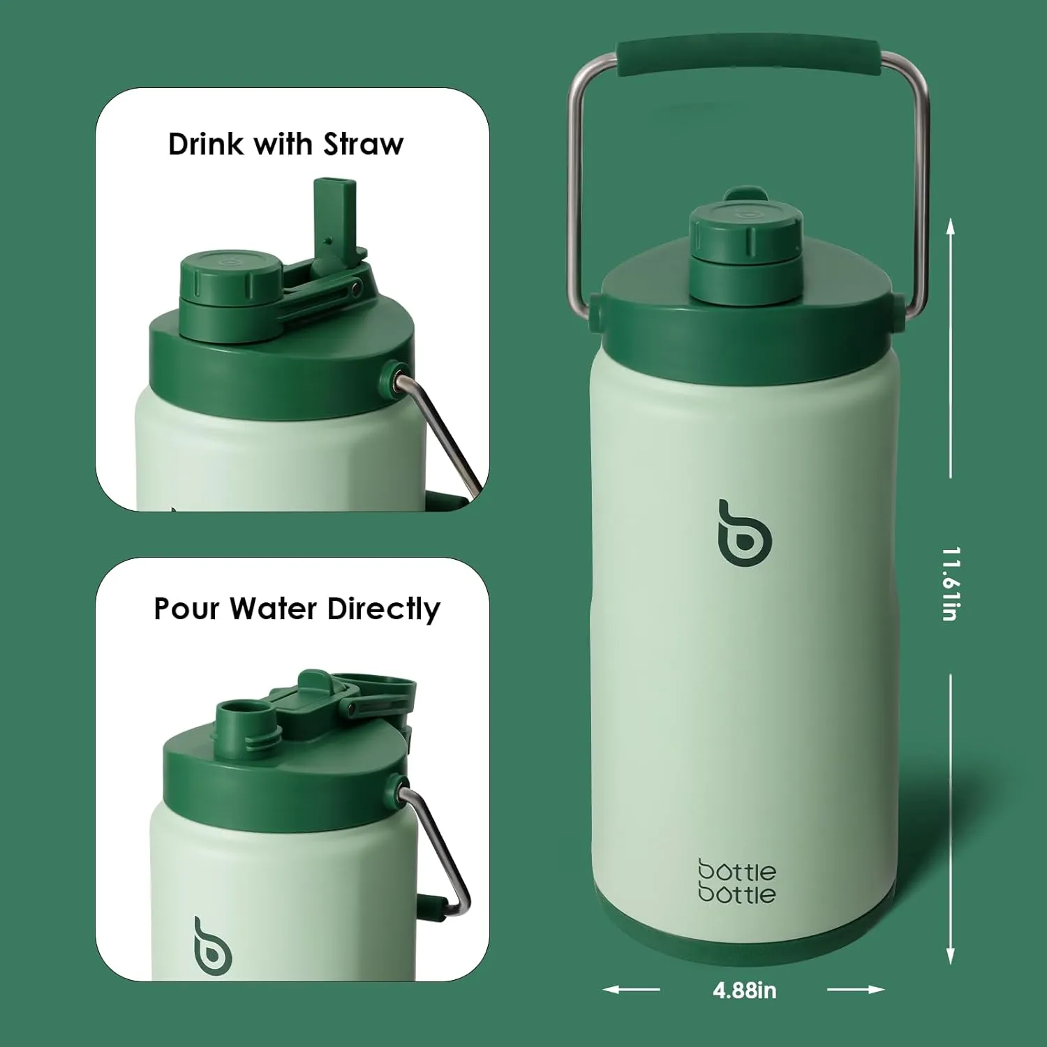 BOTTLE BOTTLE Insulated Water Bottle 64 oz with Straw and Dual-use Lid Half Gallon Water Jug Vacuum Stainless Steel for Workout Sports Insulated Beer Growler with Handle and Pills Holder Green