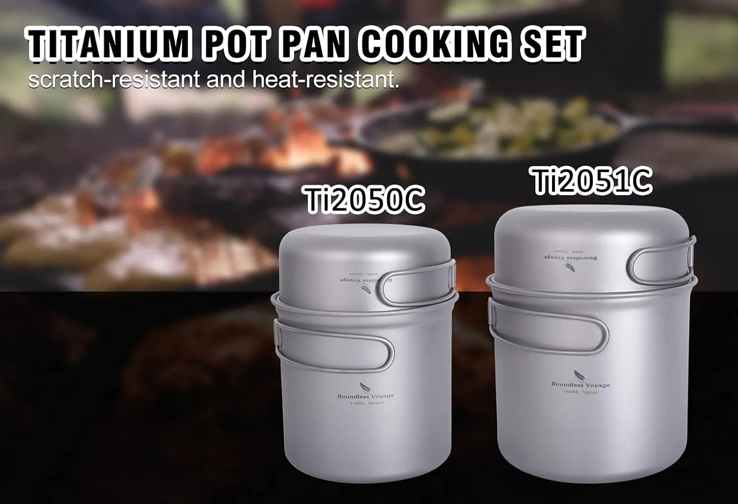 Boundless Voyage Ultralight Titanium Pan Pot Set with Folding Handle Outdoor Camping Cookware Portable Travel Backpacking Hiking Picnic Cooking Kit for 1 Person