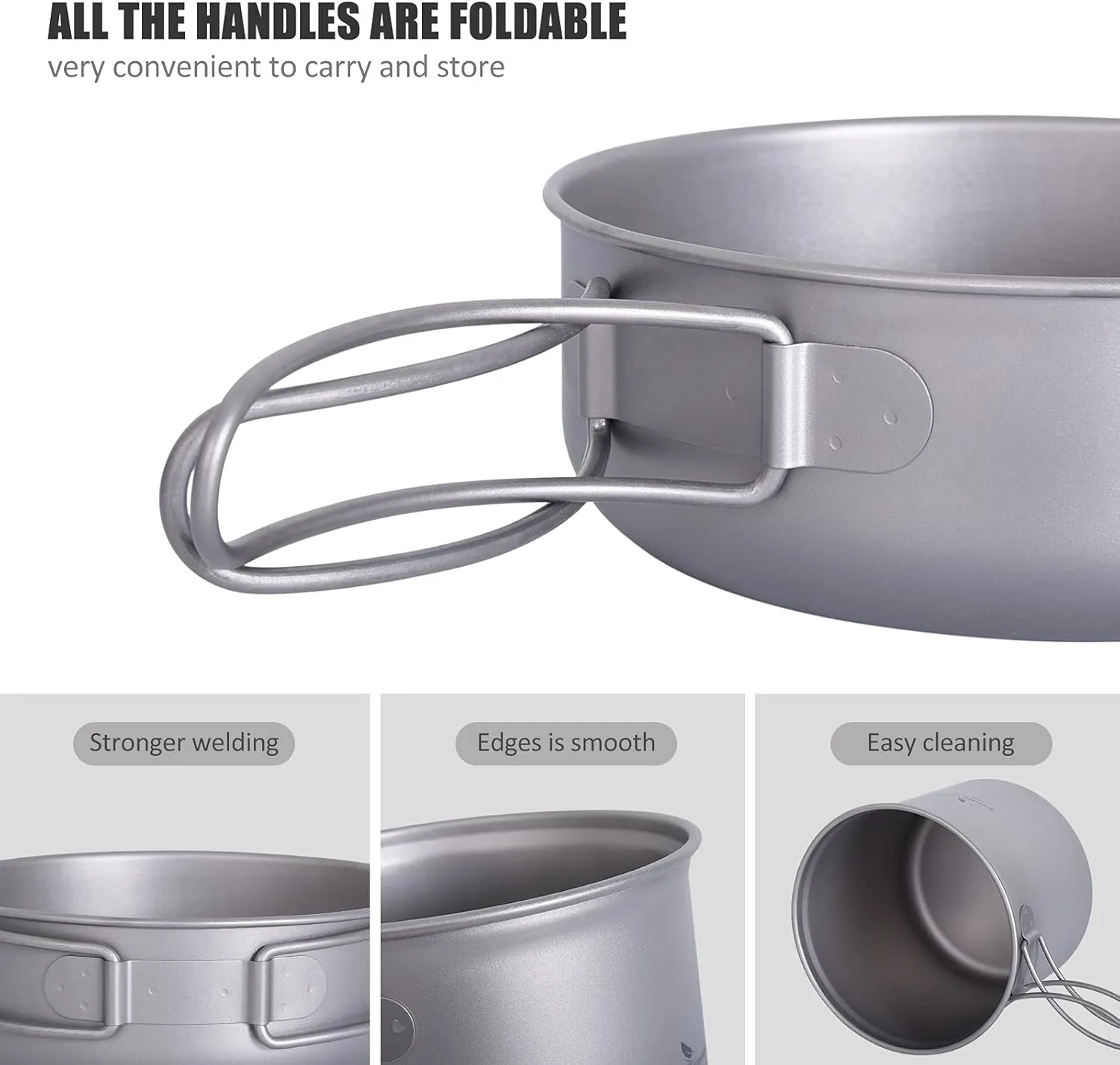 Boundless Voyage Ultralight Titanium Pan Pot Set with Folding Handle Outdoor Camping Cookware Portable Travel Backpacking Hiking Picnic Cooking Kit for 1 Person