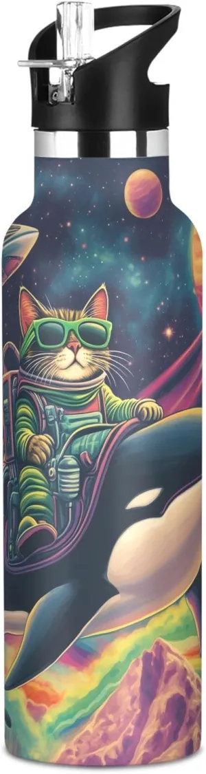 Boys Water Bottle with Straw Reusable Tumbler for Toddlers 20oz Kids Insulated Cups Leak Proof Double Wall 304 Stainless Steel Water Flask School Bottle,Cool Space and Art Cat