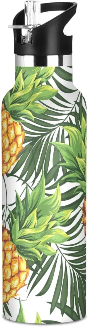 Boys Water Bottle with Straw Reusable Tumbler for Toddlers 20oz Kids Insulated Cups Leak Proof Double Wall 304 Stainless Steel Water Flask School Bottle,Pineapples Branches Leaves