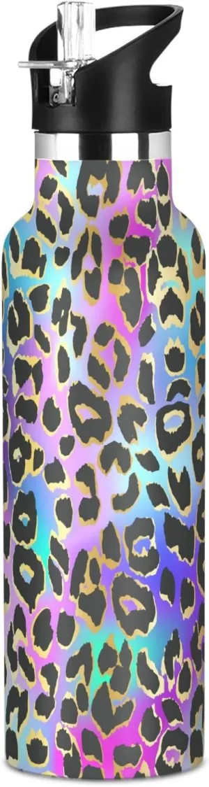 Boys Water Bottle with Straw Reusable Tumbler for Toddlers 20oz Kids Insulated Cups Leak Proof Double Wall 304 Stainless Steel Water Flask School Bottle,Vector Leopard Purple Dark