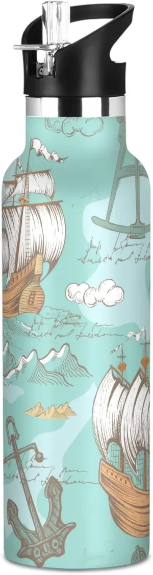 Boys Water Bottle with Straw Reusable Tumbler for Toddlers 20oz Kids Insulated Cups Leak Proof Double Wall 304 Stainless Steel Water Flask School Bottle,Vintage Sailboats Map