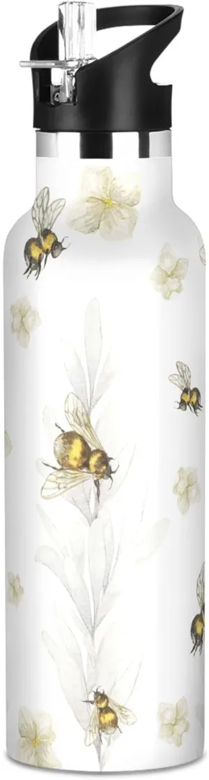 Boys Water Bottle with Straw Reusable Tumbler for Toddlers 20oz Kids Insulated Cups Leak Proof Double Wall 304 Stainless Steel Water Flask School Bottle,Yellow Bee Flowers