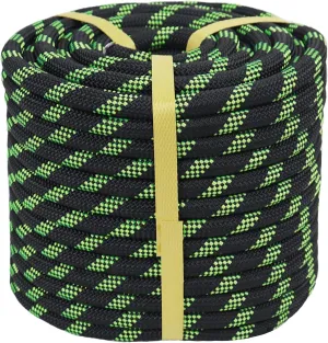 Braided Polyester Rope (3/8 in x 150 ft) Arborist Rope for Tree Climbing Pulling Swing Sailing, Black/Green