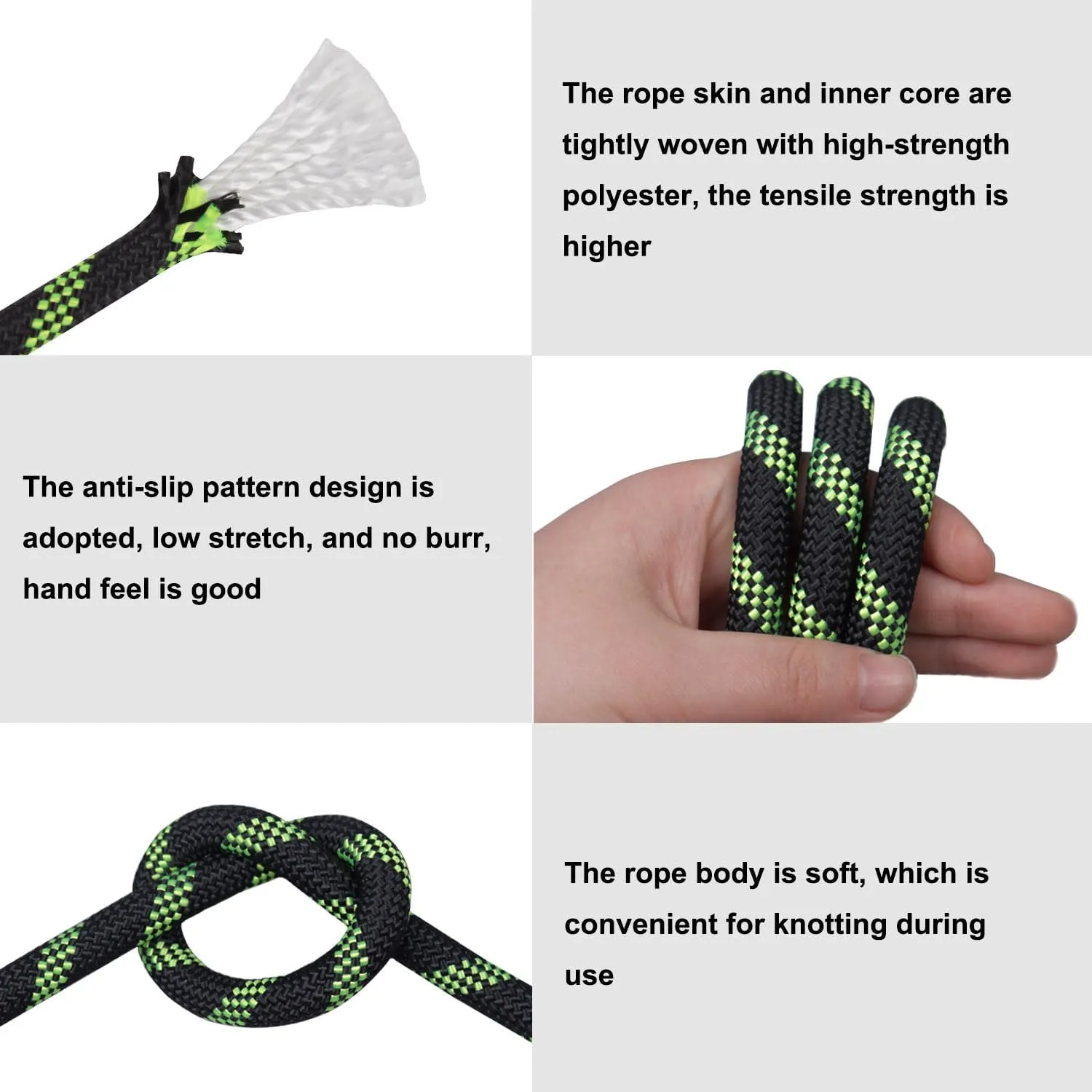 Braided Polyester Rope (3/8 in x 150 ft) Arborist Rope for Tree Climbing Pulling Swing Sailing, Black/Green