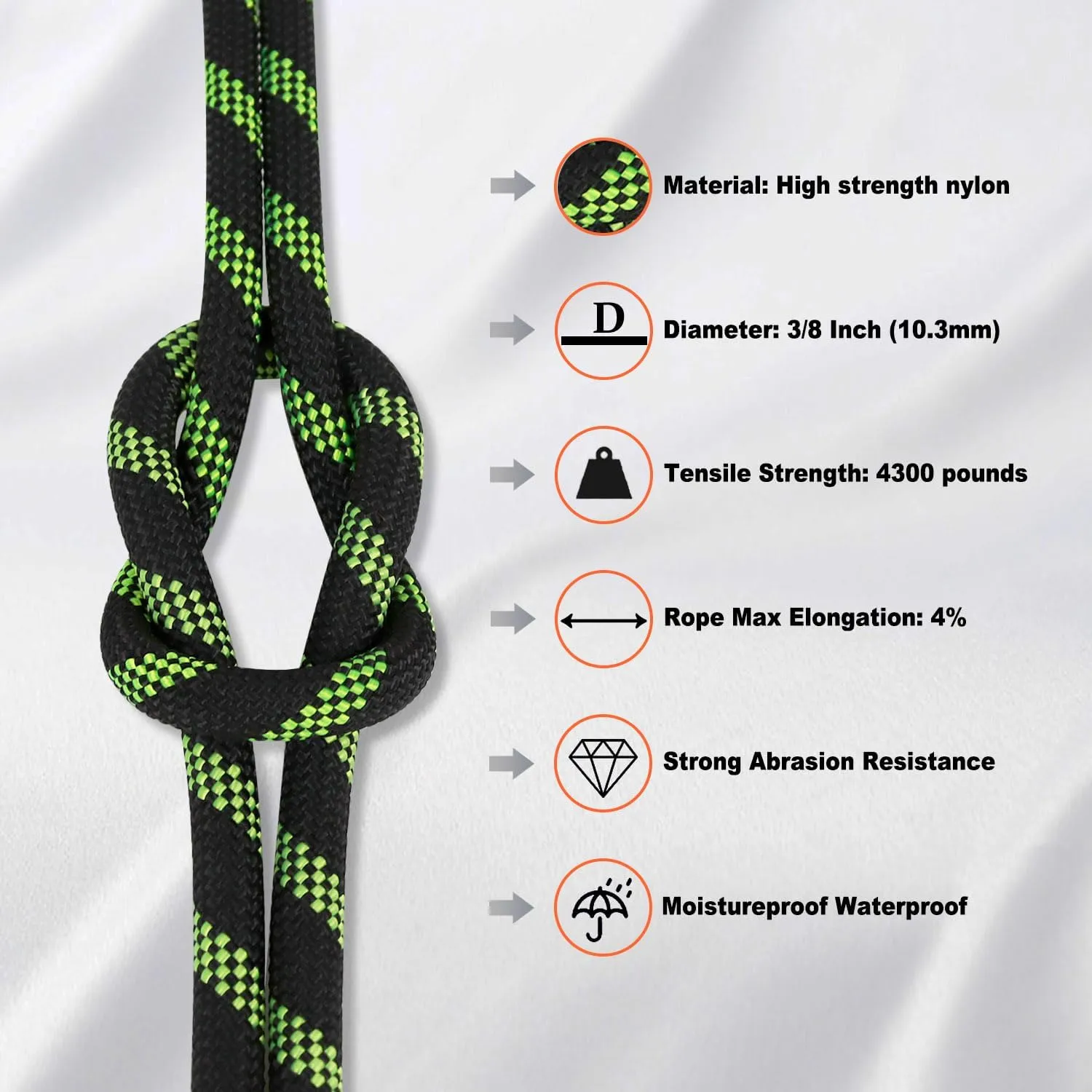 Braided Polyester Rope (3/8 in x 150 ft) Arborist Rope for Tree Climbing Pulling Swing Sailing, Black/Green