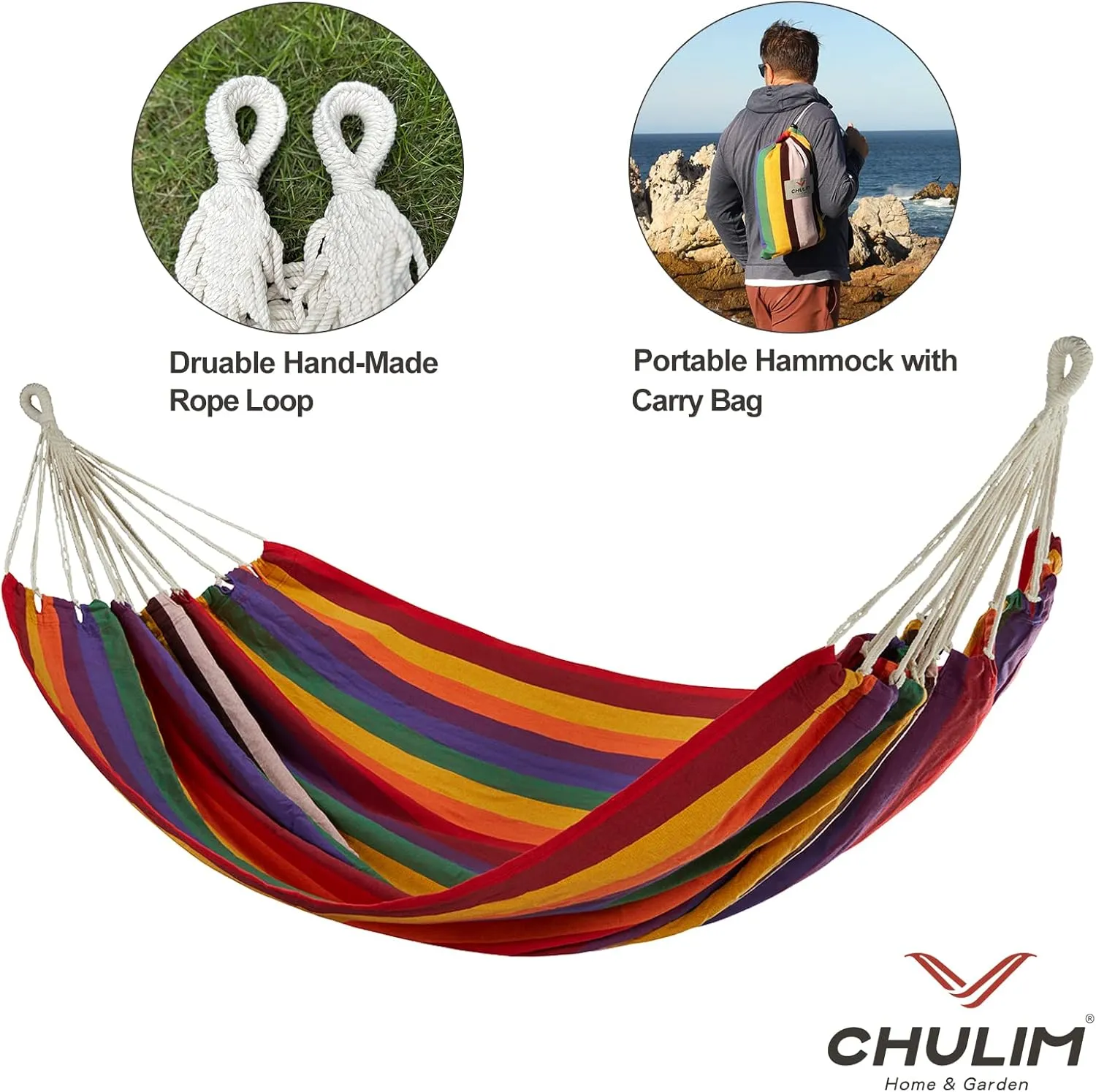 Brazilian Double Hammock with Tree Straps,Extra Large 240x160cm,2 Persons Hammock for Backyard Patio Outdoor and Indoor,450lbs Weight Capacity,Soft Woven Cotton Fabric Red Stripe