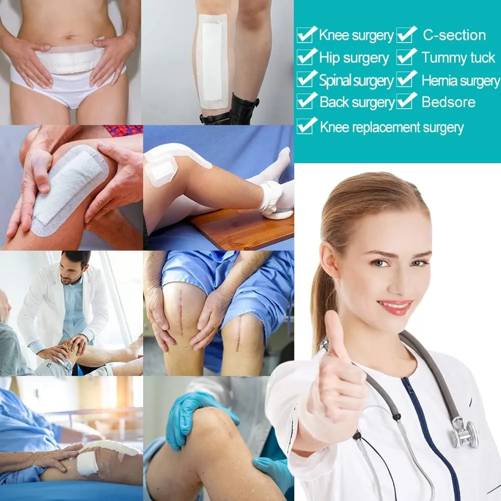 Breathable Knee Replacement Surgery Island Dressing 4"x8" Bordered Gauze Adhesive Patches with Non-Stick Pad for Hip Back Elbow Abdominal Spine Surgery Long Incision Wounds Cover (Pack of 20)
