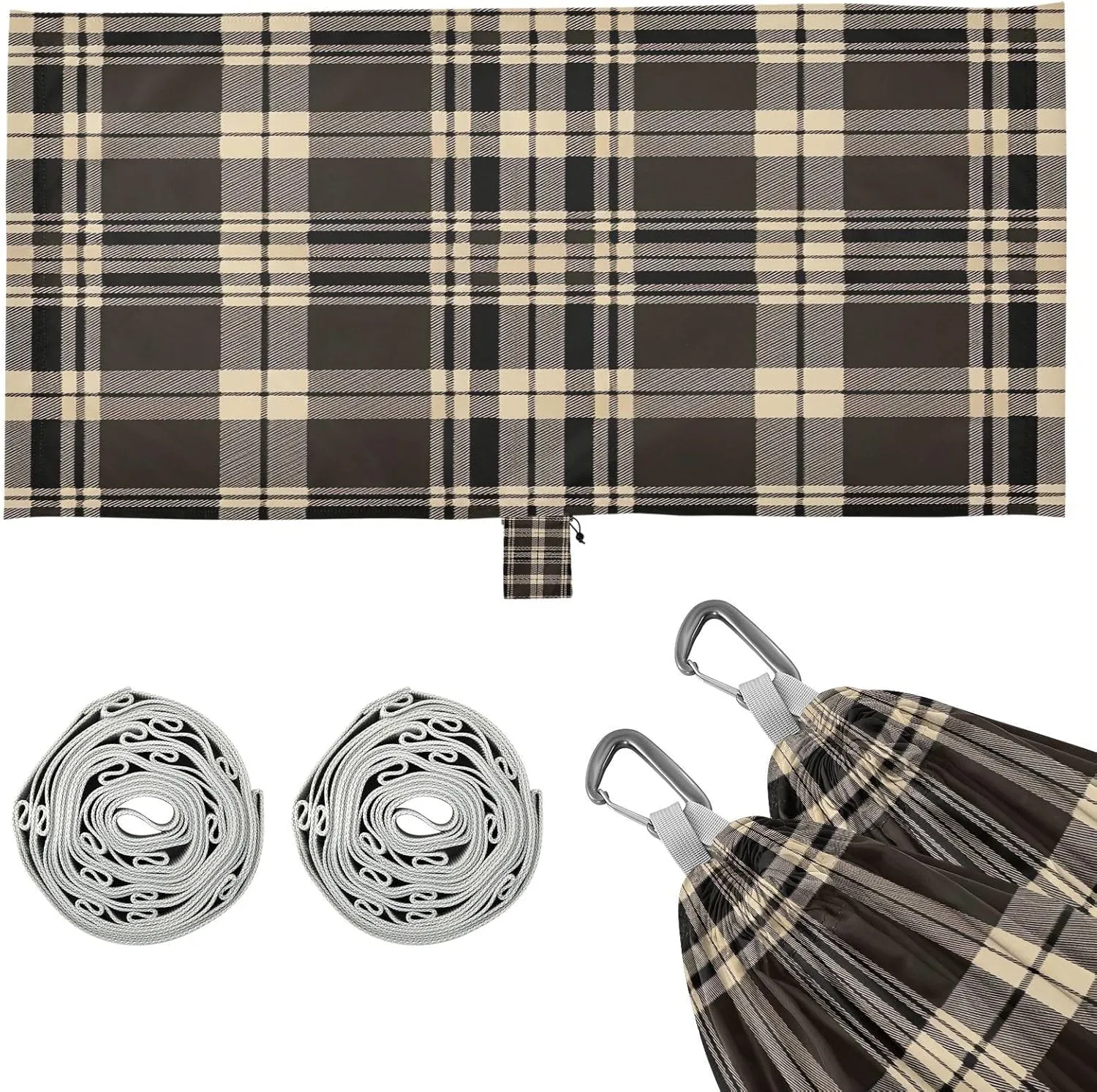 Brown Buffalo Plaid Camping Hammock, 330 lbs with 2 Tree Straps, Carry Bag, Single Portable Hammock for Outdoor/Indoor, Hiking, Beach, Backpacking, Travel