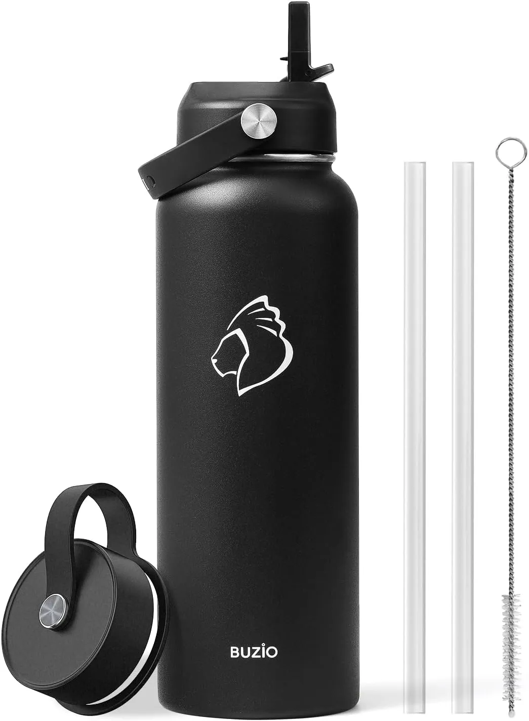BUZIO 40oz Insulated Water Bottle, Triple Wall Vacuum Stainless Steel Water Flask with 2 lids, Lead-Free BPA-Free Straw Lid Sports Canteen Jug, Cold 48H & Hot 24H- Black