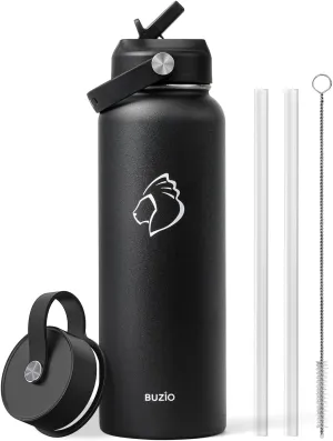 BUZIO 40oz Insulated Water Bottle, Triple Wall Vacuum Stainless Steel Water Flask with 2 lids, Lead-Free BPA-Free Straw Lid Sports Canteen Jug, Cold 48H & Hot 24H- Black