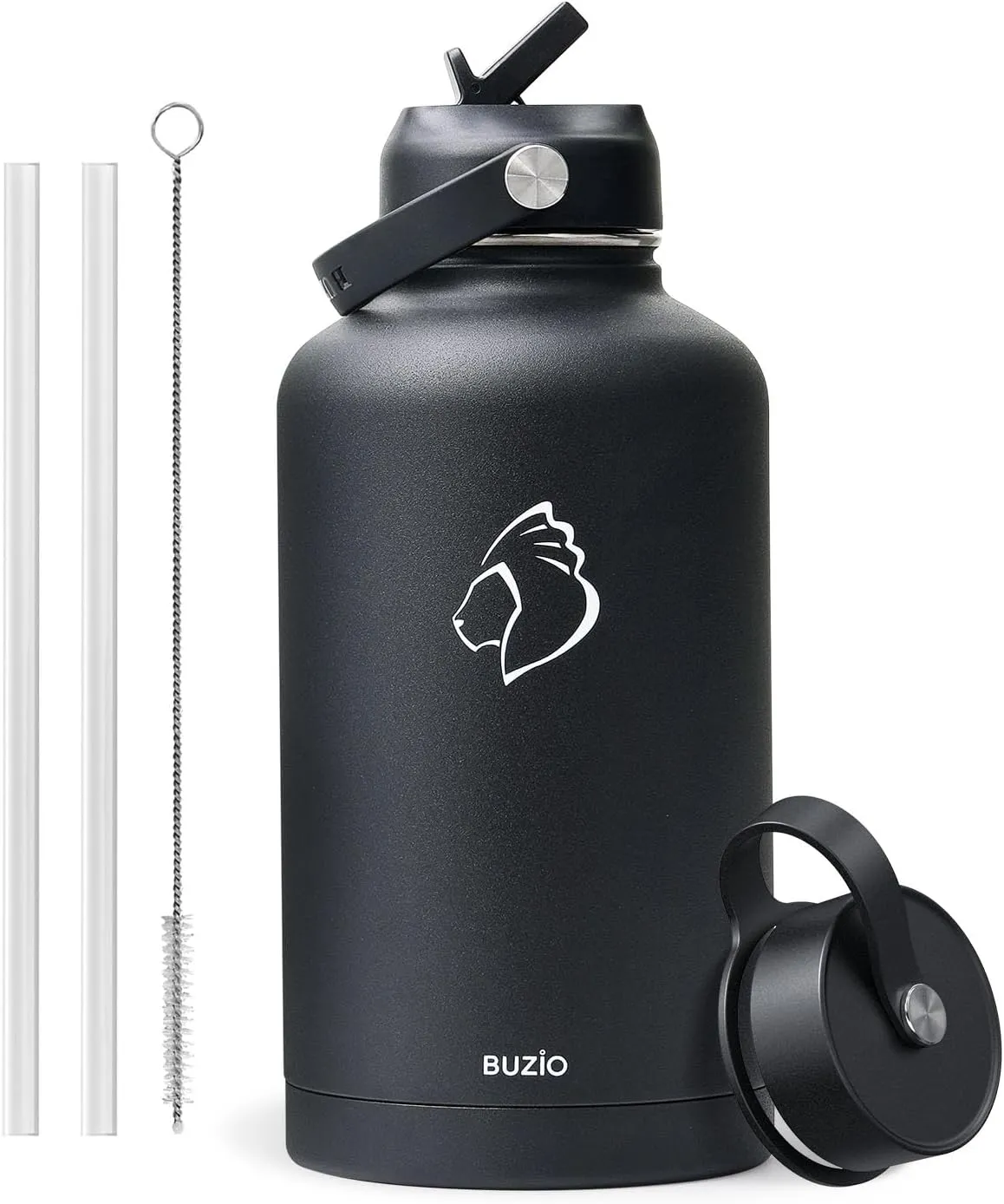 BUZIO 40oz Insulated Water Bottle, Triple Wall Vacuum Stainless Steel Water Flask with 2 lids, Lead-Free BPA-Free Straw Lid Sports Canteen Jug, Cold 48H & Hot 24H- Black