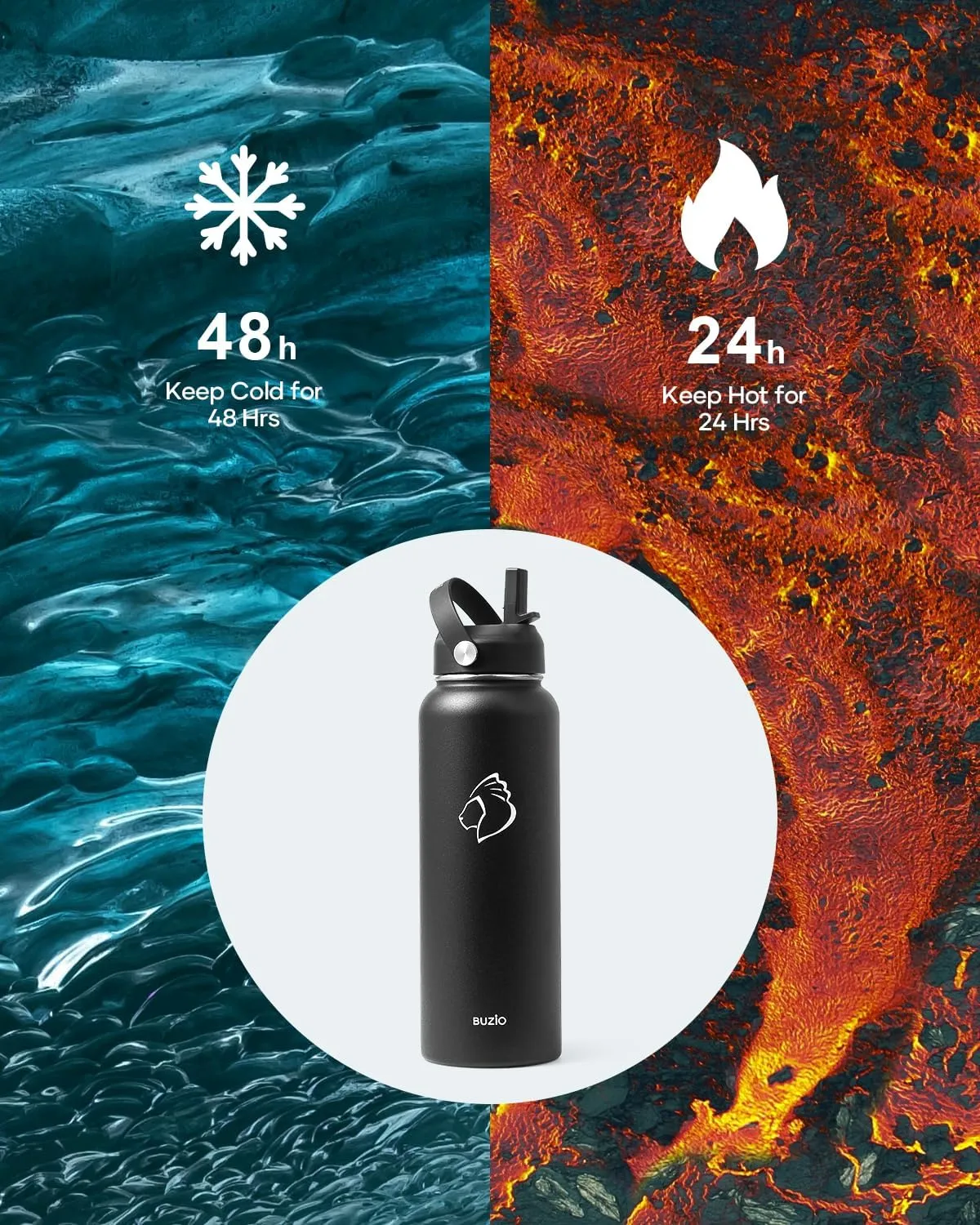 BUZIO 40oz Insulated Water Bottle, Triple Wall Vacuum Stainless Steel Water Flask with 2 lids, Lead-Free BPA-Free Straw Lid Sports Canteen Jug, Cold 48H & Hot 24H- Black