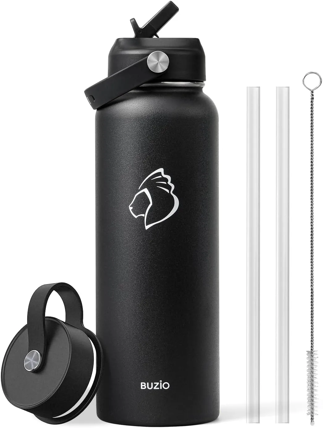 BUZIO 40oz Insulated Water Bottle, Triple Wall Vacuum Stainless Steel Water Flask with 2 lids, Lead-Free BPA-Free Straw Lid Sports Canteen Jug, Cold 48H & Hot 24H- Black