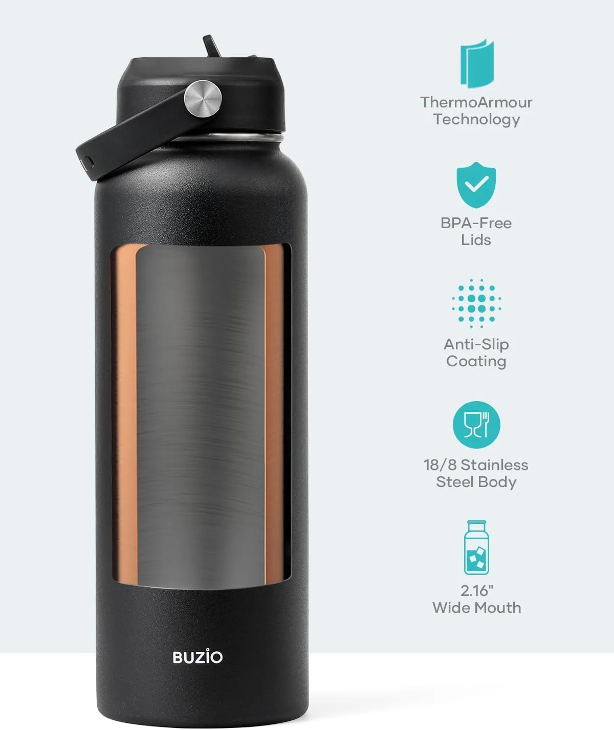 BUZIO 40oz Insulated Water Bottle, Triple Wall Vacuum Stainless Steel Water Flask with 2 lids, Lead-Free BPA-Free Straw Lid Sports Canteen Jug, Cold 48H & Hot 24H- Black